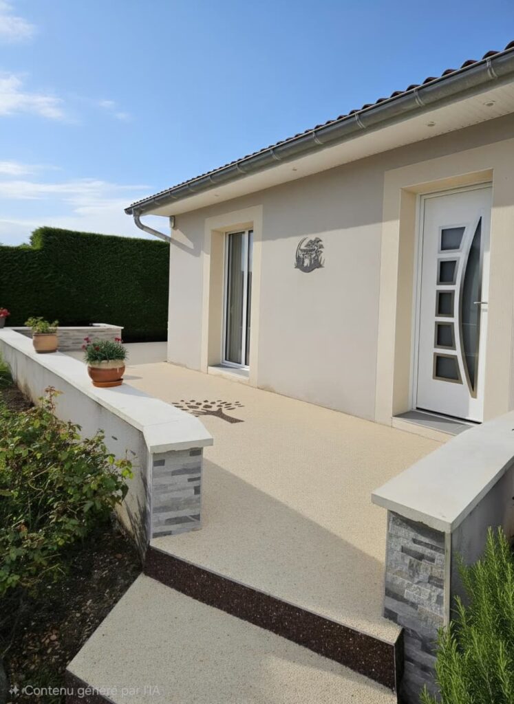 terrasse et entrée de maison en moquette de pierre à Béligneux